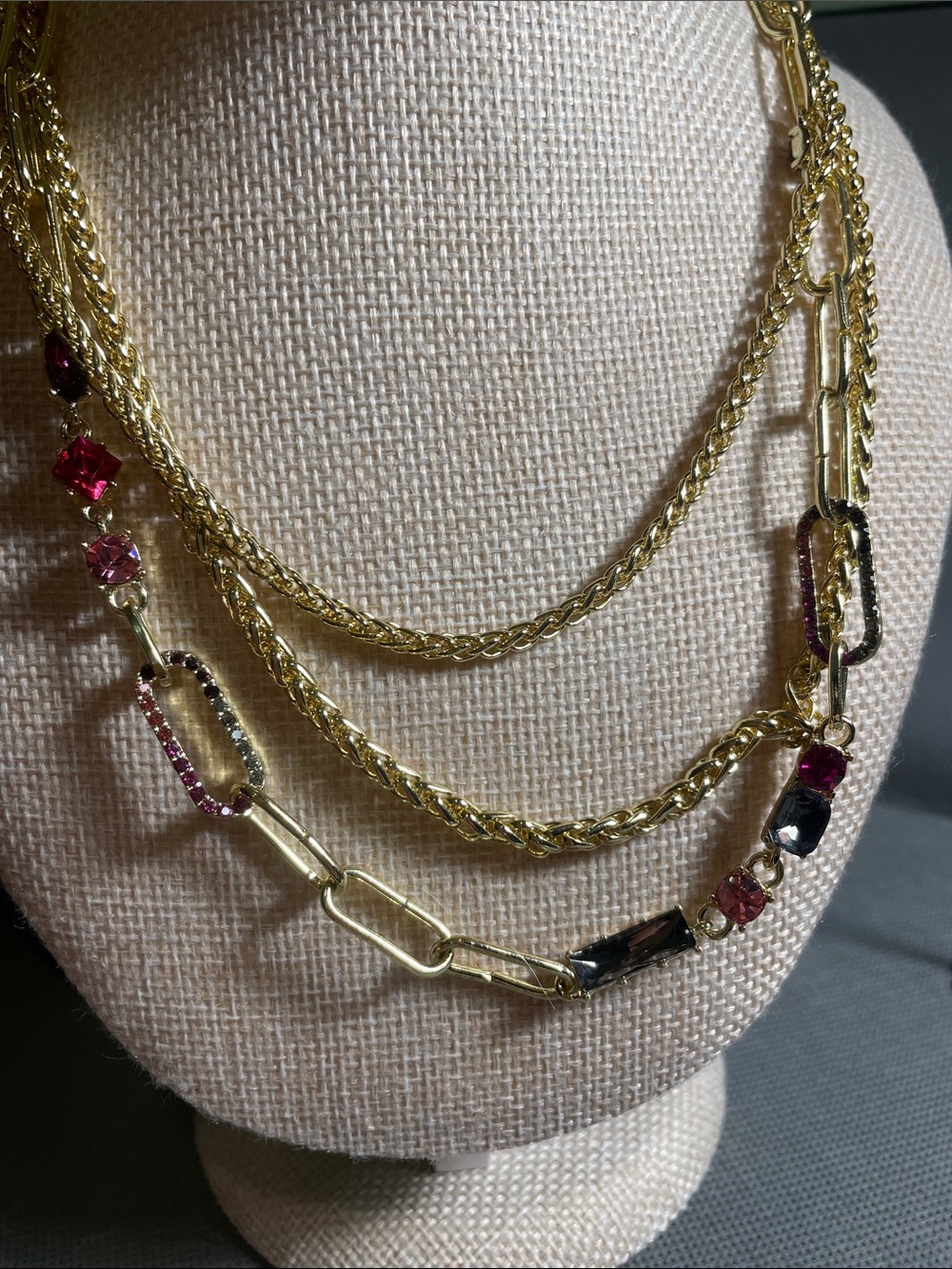 Gold Multi-Chain Necklace with Pink, purple and gray Gem Accents